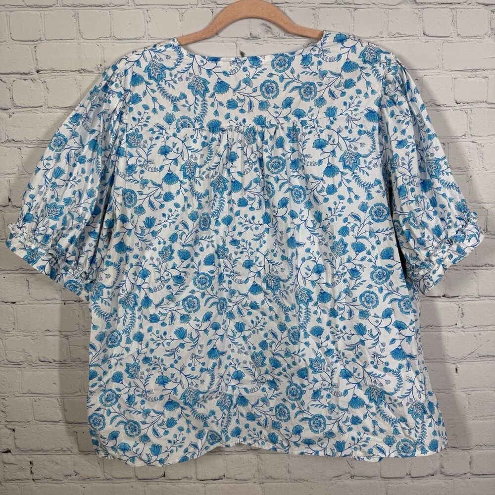 Draper James Blouse Women XXL Floral White Blue Cottage Boho Balloon Sleeve Top - Picture 2 of 12